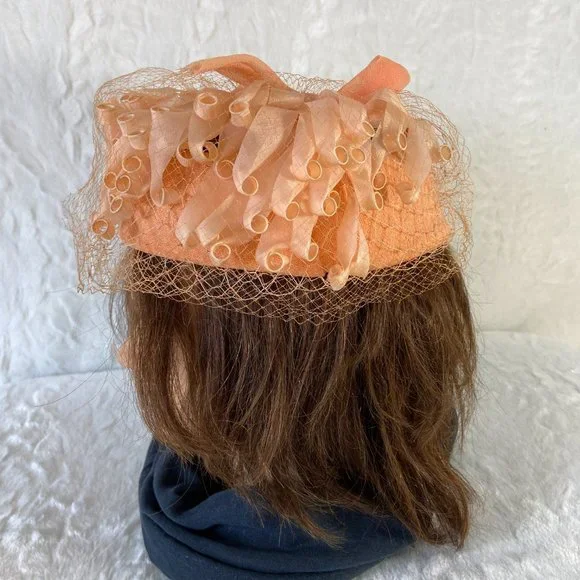 Vintage 1960s Skol Nips by Max Skolnick Peach Ribbon Whimsy Hat Curly Q's net - Picture 4 of 9